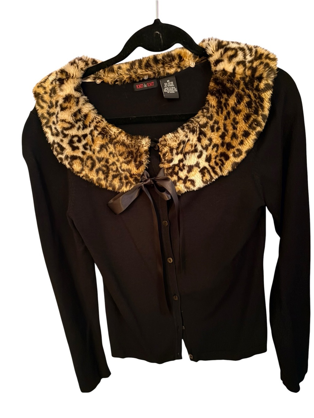 Knit de Knit Black Cardigan with Detachable Leopard Faux Fur Collar